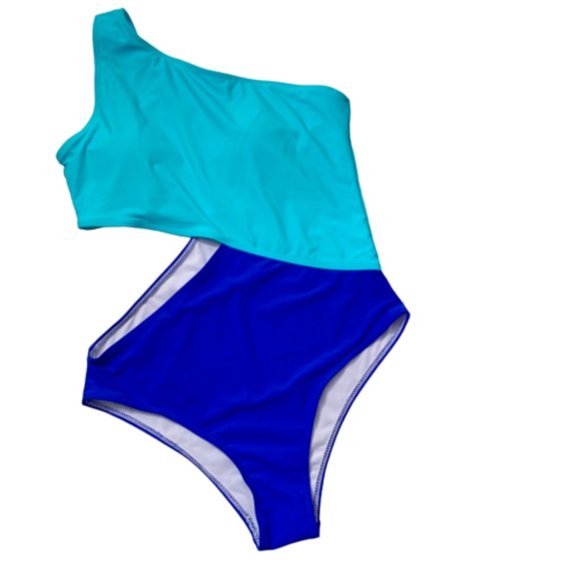 SweatyRocks One Shoulder Cut Out One Piece Swimsuit Size Large Two Tone Blue - Picture 1 of 13